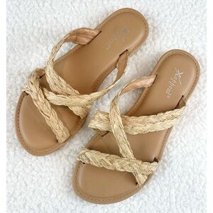 XAPPEAL • Tan Braided Strappy Open-Toe Slip-On Sandals, 6.5